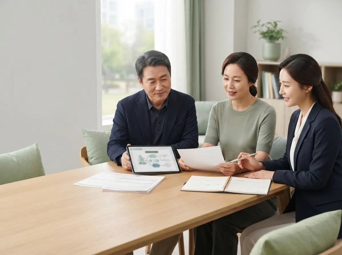 보호자와 담당자가 자료를 함께 살펴보는 상담 장면(이미지 예시)